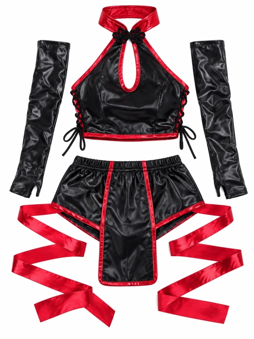 New - Playhaus Ninja Costume in Black & Red Faux Leather | 4 Piece Set | XS/S